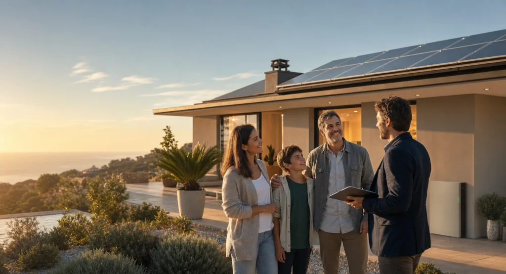 Famiglia e consulente davanti a casa solare
