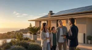 Famiglia e consulente davanti a casa solare