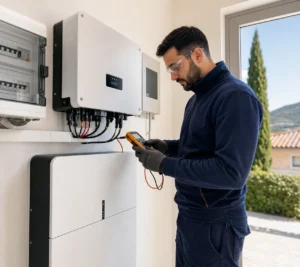 Tecnico fotovoltaico con inverter e accumulo